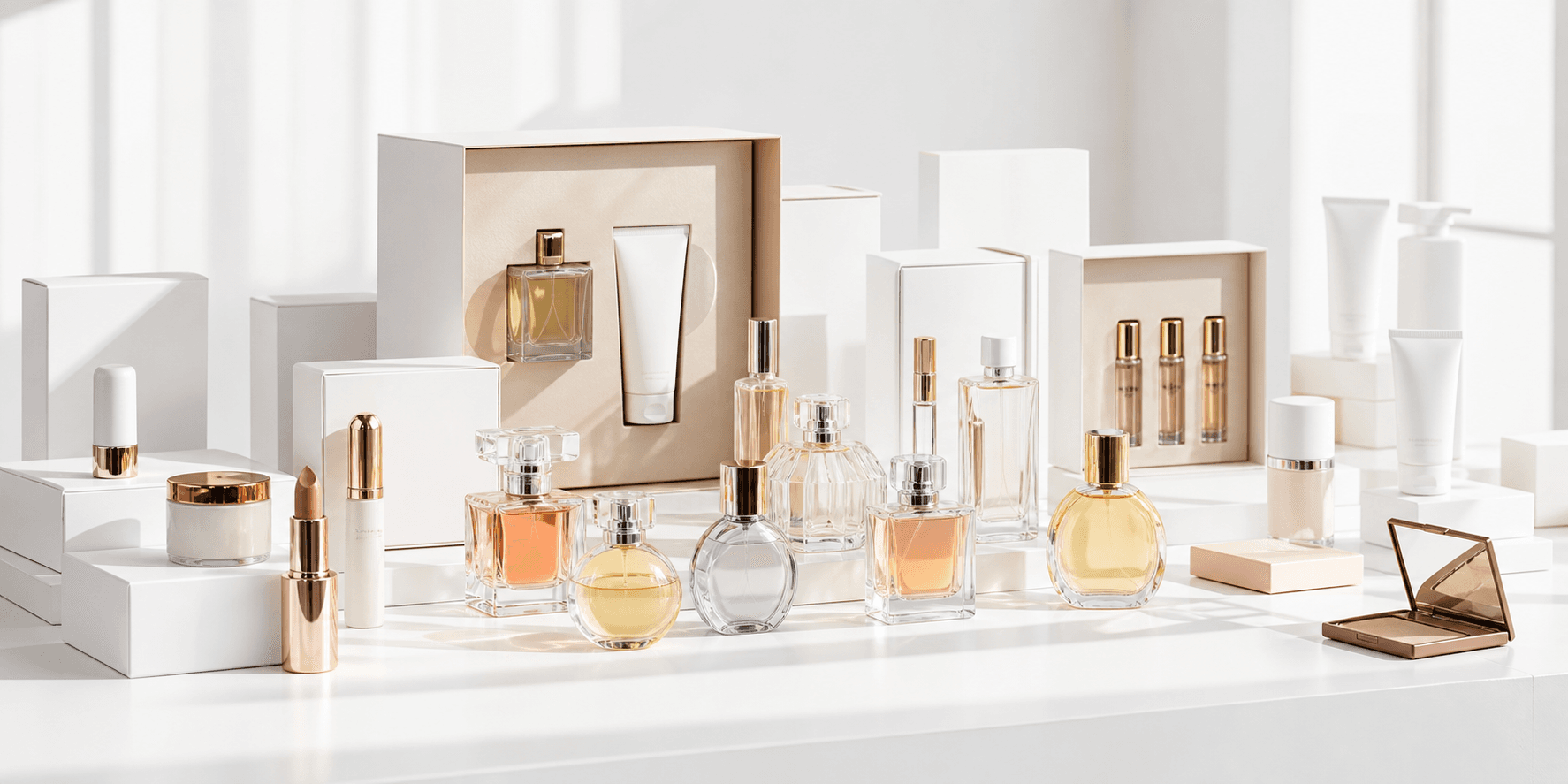 Clean fragrance fulfillment workspace with shelves and shipping cartons